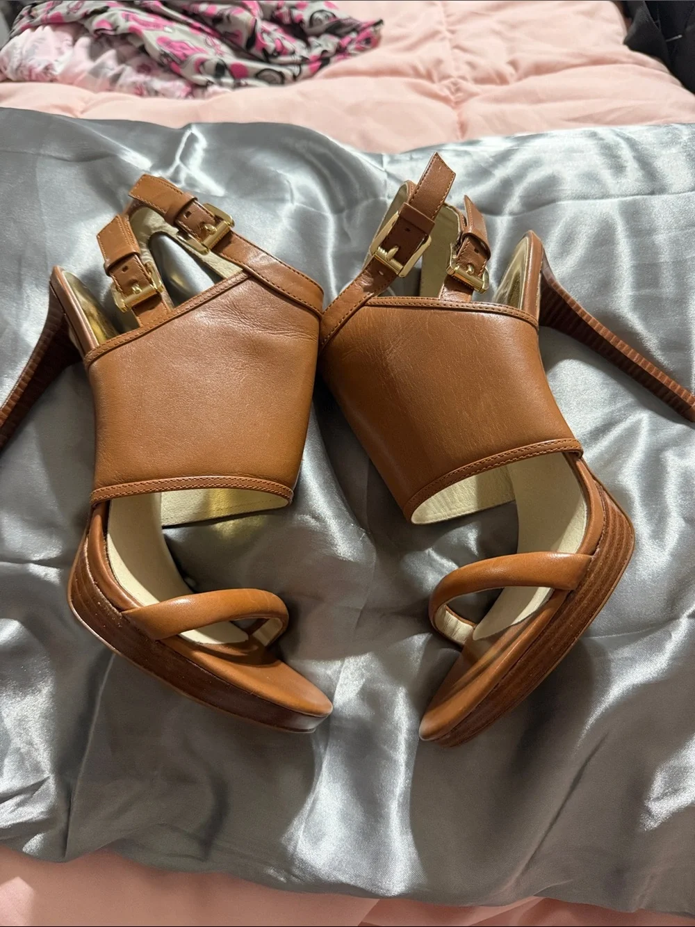 Michael Kors Tan Leather Double-Buckle Stiletto Sandals